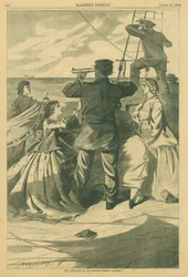 Druck eines Marineoffiziers, der durch ein Fernrohr auf ein Schiff in der Ferne blickt, während mehrere Damen um ihn herumstehen